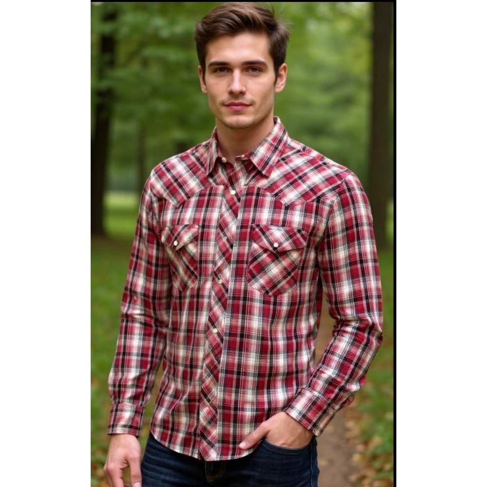 Wrangler Western Shirts Mens Red Plaid‎ Long Sleeve Snap Button  XL